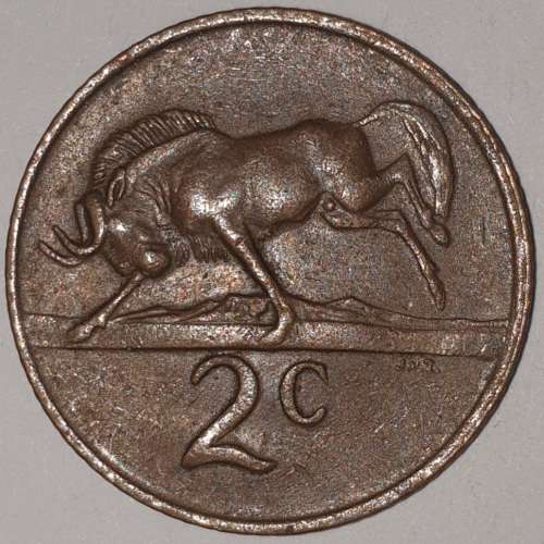 1971 - 2 CENT COIN (TWO CENT COIN) - RSA - BRONZE - KM#83 - BILINGUAL LEGEND - WILDEBEEST